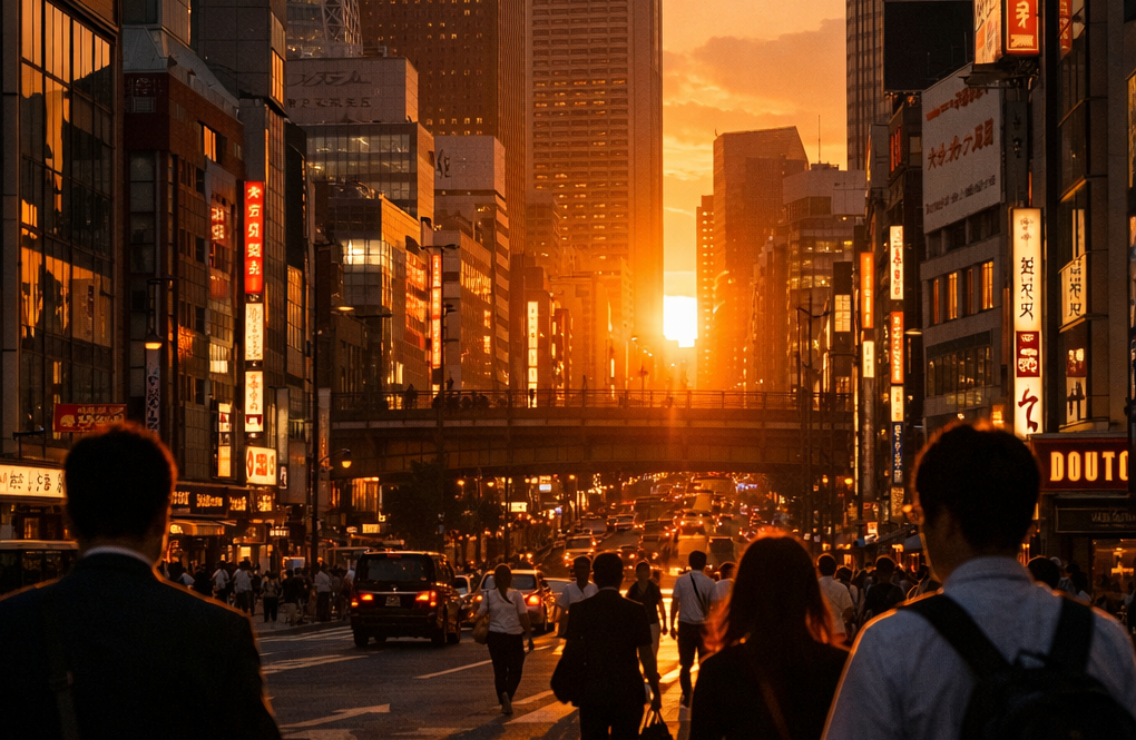 Evening in Shinjuku — warm light slipping between towers as commuters head home.