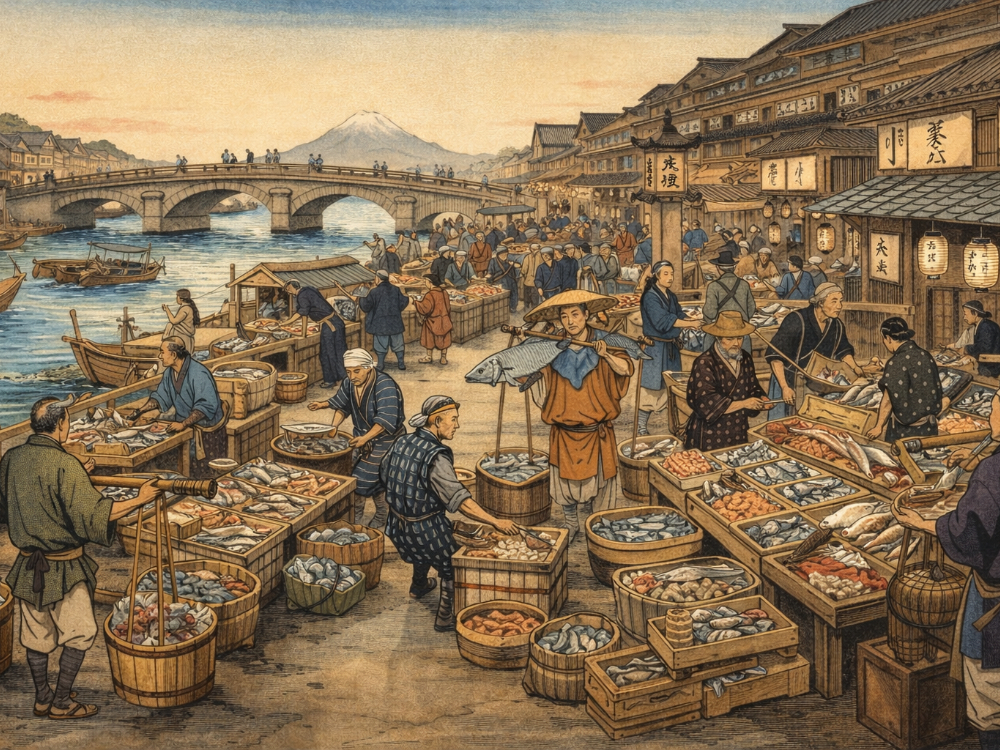 Edo-period Nihonbashi fish market — the bustling morning trade that once supplied seafood to all of Edo.