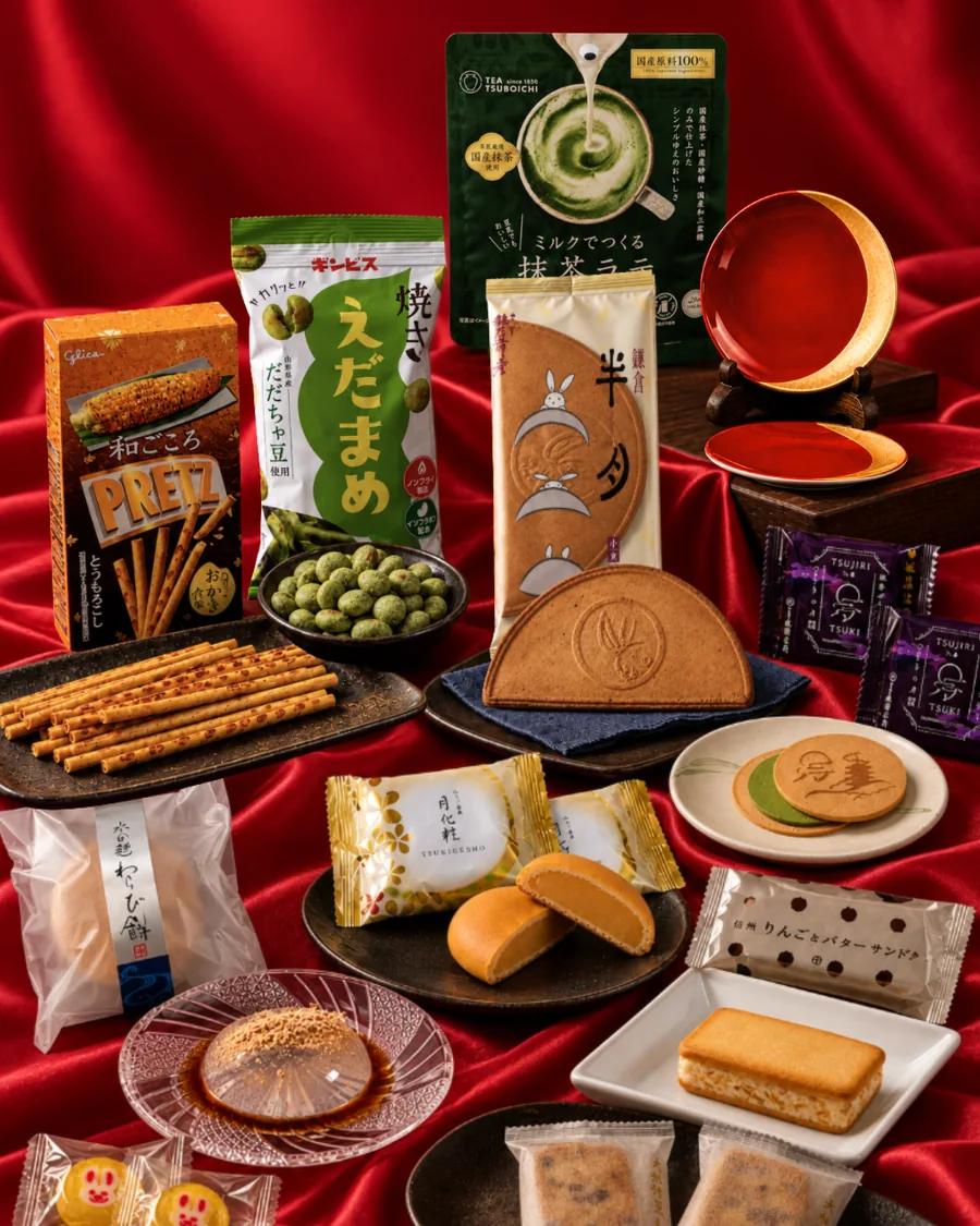 Tsukimi box contents &mdash; moon-viewing sweets, matcha latte and a crescent moon plate on red silk