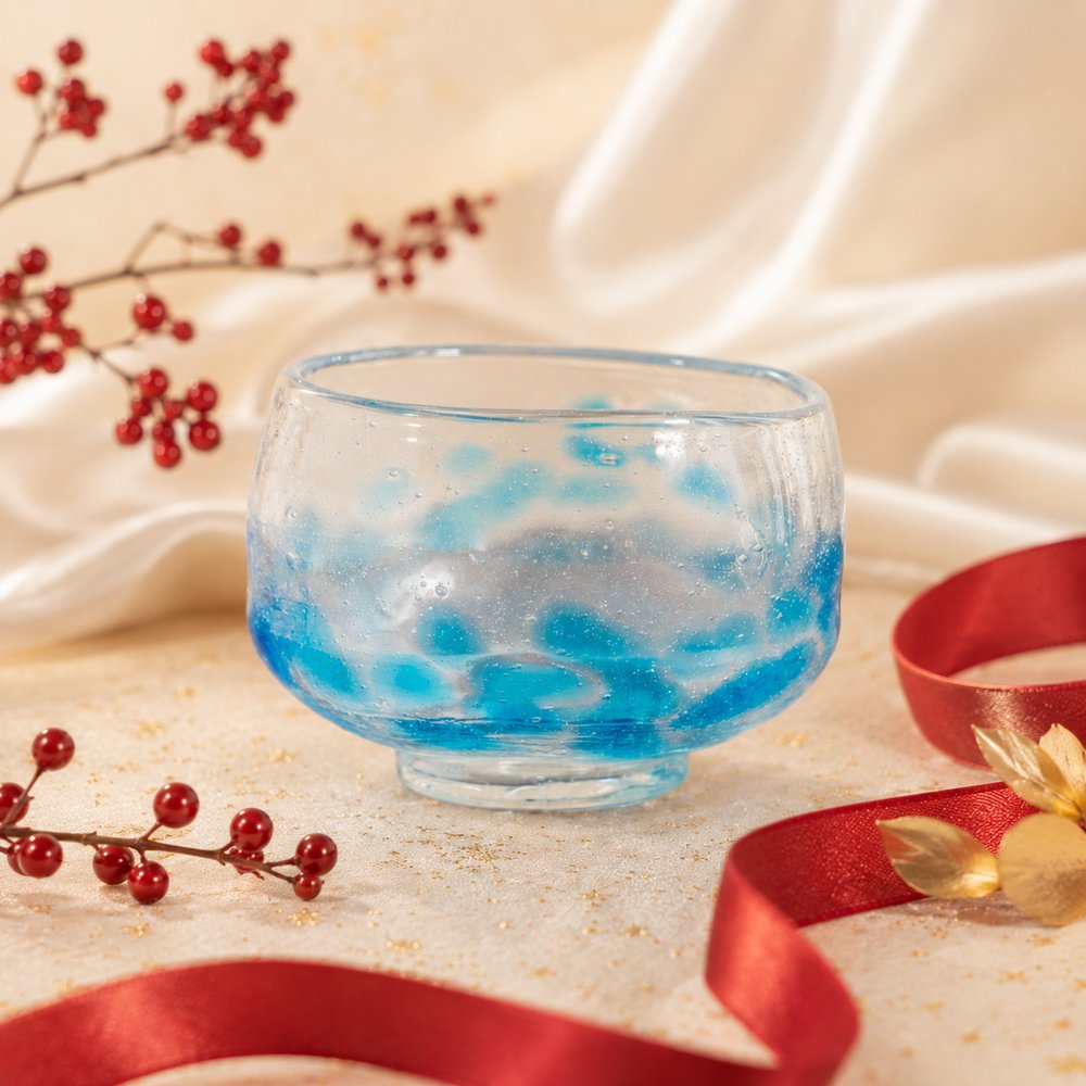 Light blue glass tea bowl from the Kyoto box